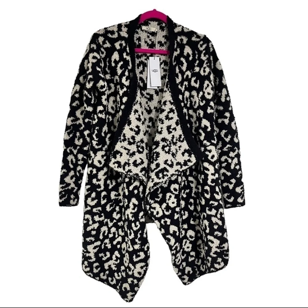 UGG Phoebe Leopard Knit Wrap Cardigan, Black + White, Size S